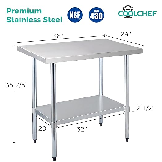 COOLCHEF Stainless Steel Work Table 24 x 36 Inch, NSF Commercial Prep Table with Undershelf, Heavy Duty Food Prep Workstation