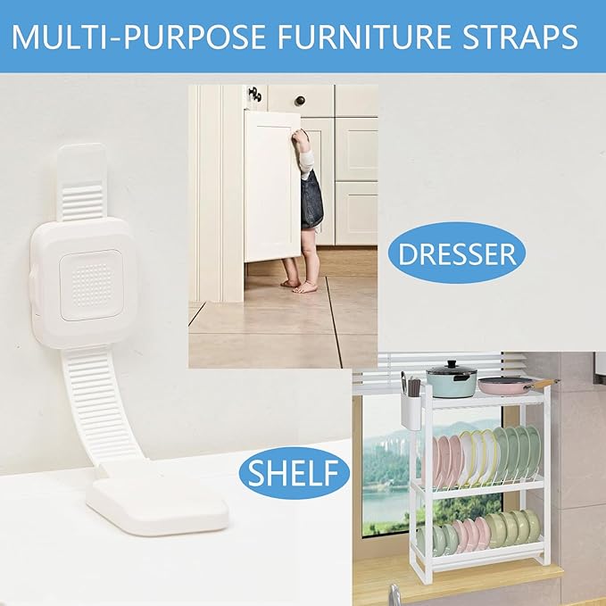 YEYA Upgraded No Drill Furniture Anchors for Baby Proofing, Anti-Tip Adjustable Straps, Strong Adhesive Backing 4 Pack