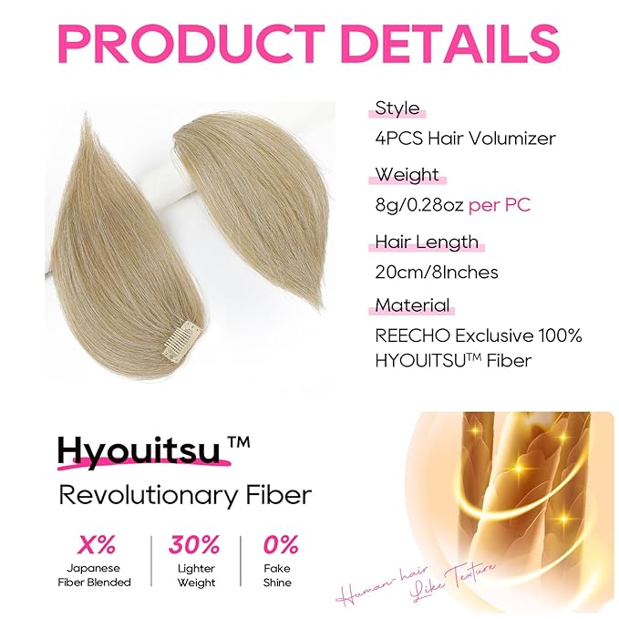 REECHO Clip in Hair Volumizer, Short Thick Clip in Hairpieces Adding Extra Hair Volume Extensions for Women with Thin Fine (Honey Blonde with Highlights, 8 Inch(Pack of 4))