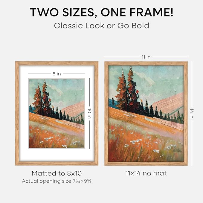 Homeforia 11x14 Picture Frame Wood, High End Natural Oak 11x14 Light Wooden Poster Frames with Mat 8x10, 11 x 14 Frames Matted to 8 x 10 Photo, 14x11 Hanging Frames, Tempered Glass, Wall Kit, Set of 4