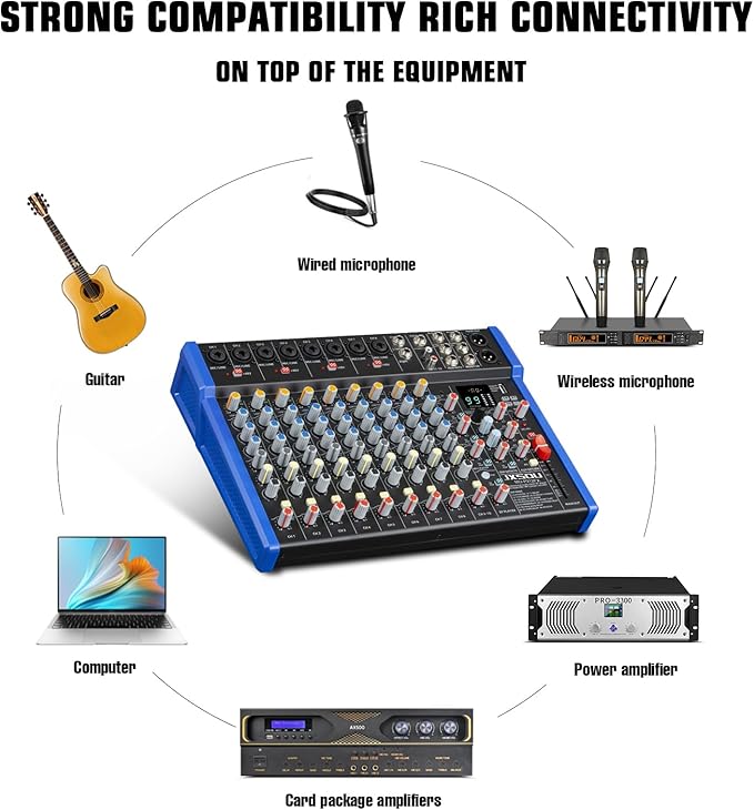 14-Channel Audio Sound Mixer Board, Bluetooth Studio Mixing Console XLR Microphone Jack 99 DSP DJ Mixer Audio Reverb Effect +48V Phantom Mixer For Karaoke Studio Streaming Recording