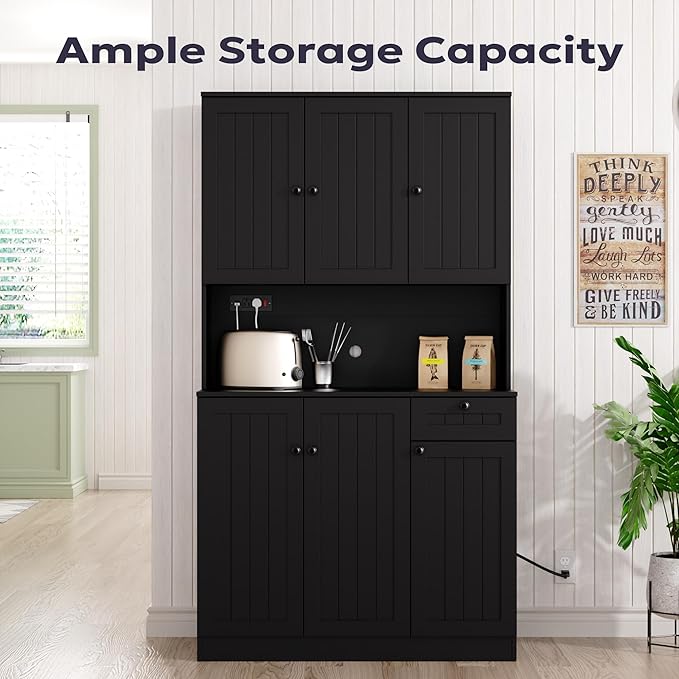71" Pantry Cabinet with Charging Station, Tall Kitchen Pantry Storage Cabinet with Microwave Stand, Farmhouse Kitchen Hutch with Storage Drawer for Living Room, Dining Room, Black