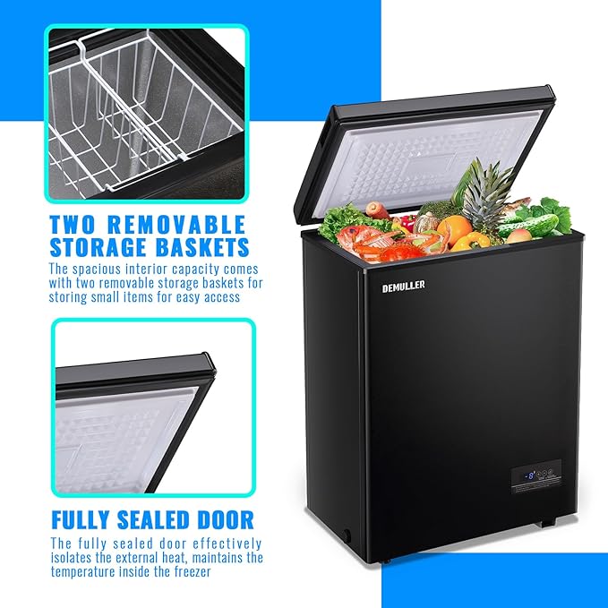 Mini Chest Freezer Compact Deep Freezing Machine with Electronic Temperature Control (Accurate to 1 ℉) Freestanding Small Freezer with 2 Removable Storage Baskets Black