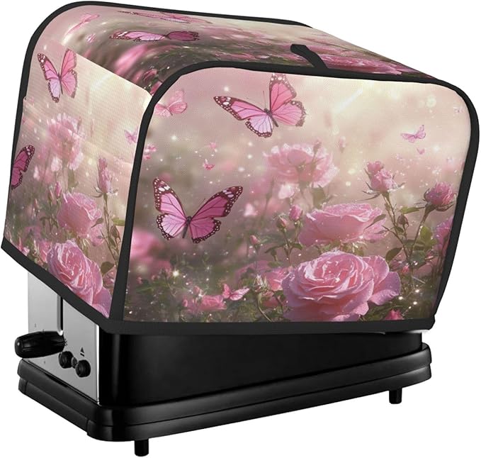 2 Slice Toaster Cover for Kitchen Spring Butterfly Rose Garden Waterproof and Dustproof Toaster Dust Cover with Side Pockets Decorative Universal Cover for Wide Slot Toasters and Small Appliances