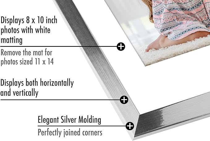 Americanflat 11x14 Picture Frame with Polished Crystal-Clear Glass - Use as 8x10 Frame with Mat or Display 11x14 Photo Without Mat - Signature Collection - Picture Frames for Wall Display - Silver