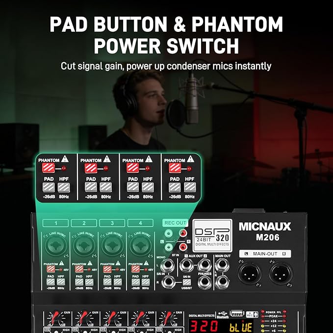 Audio Mixer 6 Channel Professional Sound Console Music Mixer with 320 DSP Effects, 7-band EQ DJ Mixing Board w/USB, Bluetooth, 48V Power Supply, PAD Button for Recording Karaoke PA Drum Live