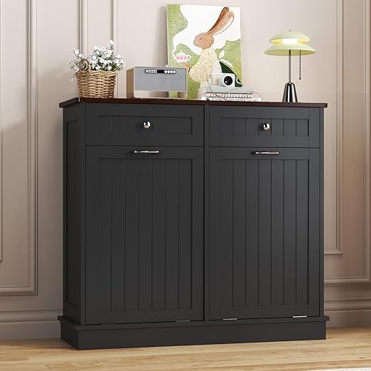 Tilt Out Trash Can Cabinet Dog Proof with Double Wood Hidden Trash Can Holder, Kitchen Free Standing Recycling Cabinet（Black）