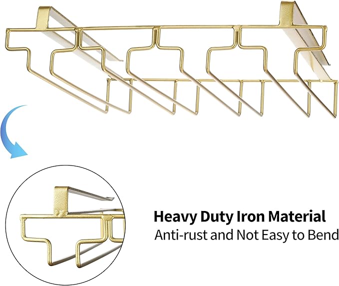 Wine Glass Rack Under Cabinet, Drilling Free No Screw Steamware Holder Under Shelf Metal Wine Glasses Holders 304 Stainless Steel Hanger Storage Organizer Hanging Glass Fit for Bar Kitchen 4 Rows Gold