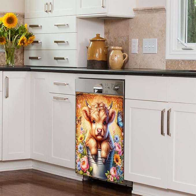 Vintage Alpine Cow Dishwasher Magnet Cover Vintage Alpine Cow Front Dishwasher Cover Decoration Reusable Magnetic Door Cover Panel Decal Home Appliances Stickers Kitchen Refrigerator 23"X26"