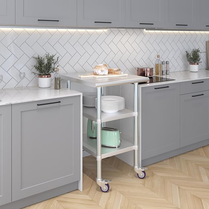 AmGood Stainless Steel Work Table with 2 Shelves and Casters (Stainless Steel Work Table with 2 Shelves + Casters, 24" Long x 30" Deep)