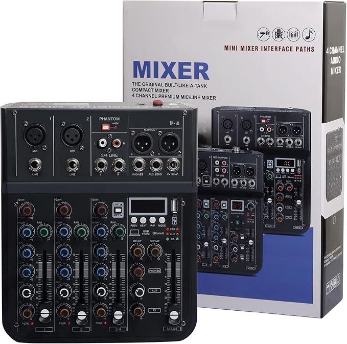 4 Channel mixer, DJ Mixer Board with Bluetooth and Usb, Audio Sound Card with Interface Recording and 48V Phantom Power, Sounds Mixer Board with FX Reverb Delay Effect for Streaming
