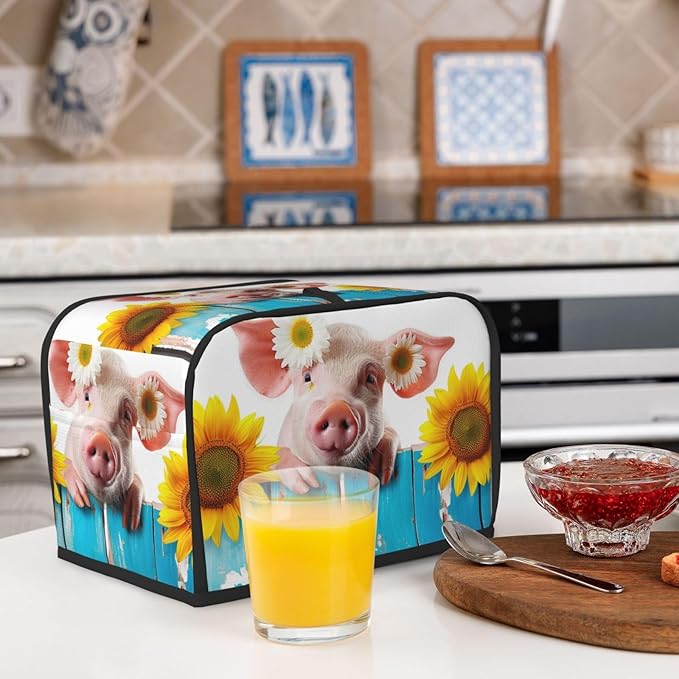Toaster Cover 2 Slice with Pockets, Funny Pig On The Wooden Board Rustic Sunflower Farmhouse Kitchen Accessories Decor Bread Maker Oven Protector Covers Dust Proof Fingerprint Covers