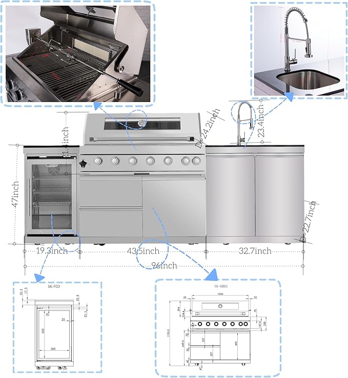 96'' 6-Burner 85000 BTU Deluxe Stainless Steel Propane Gas Outdoor Kitchen Barbecue Island Grill, Wine Cooler Compact Refrigerator, Rotisserie Kit, Granite Countertops, Stainless Steel Sink, Silver