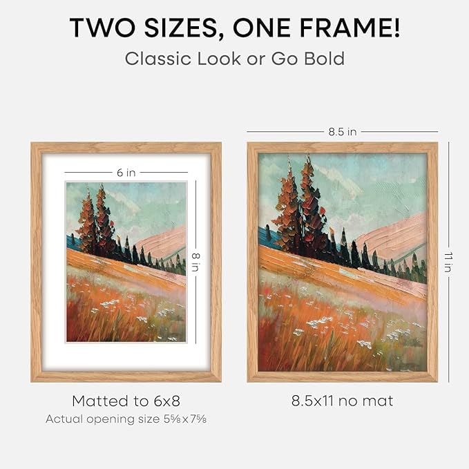 Homeforia 8.5 by 11 Picture Frame Wood, High End Natural Oak 8.5x11 Light Wooden Frames with Mat 6x8 inch Photo, 8.5 x 11 Wall or Tabletop Frame Matted to 6 x 8 Art, Tempered Glass, Wall Kit, Set of 3