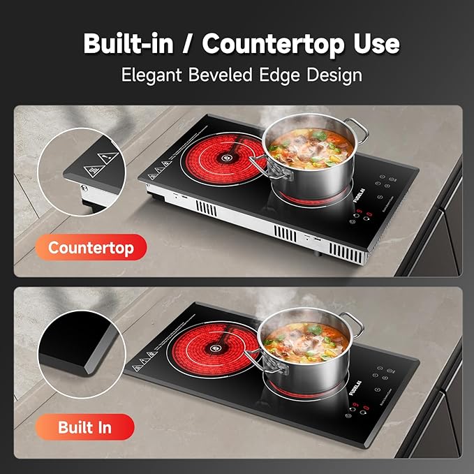 2 Burners Electric Cooktop, Portable Ceramic Cooktop with 9 Power Levels & Timer, 1800W 120V, Child Safety Lock, Built-in/Countertop Use, RV Camping, Safety Auto Shutoff, UL Certified Plug