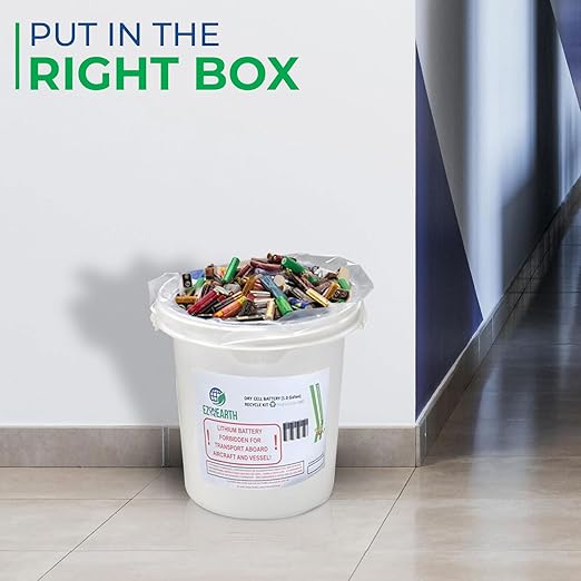 Dry Cell Battery Recycling Container Kit - 1 Gallon Battery Recycling Pail - Pre-Paid/Mail-Back Recycle kit That Holds up to 13.2 lbs Batteries - Recycling Pail with Cardboard Box
