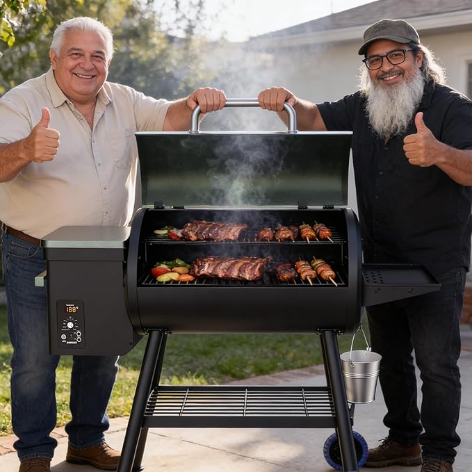 Electric Pellet Smoker Grill Combo 8 In 1 Wood Grill Smoker 456 Sq.In Cooking Area with Meat Probe & Side Table with Hooks PID Controller, Auto Temperature Control 500°F Max