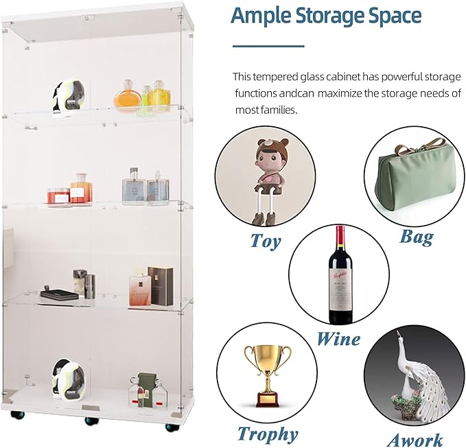 Glass Display Cabinet with LED Light Strip, 4 Shelves with 2 Doors, Curio Storage Cabinets with Lock & Caster for Living Room, Office, Floor Standing Glass Bookshelf, Quick Installation - White