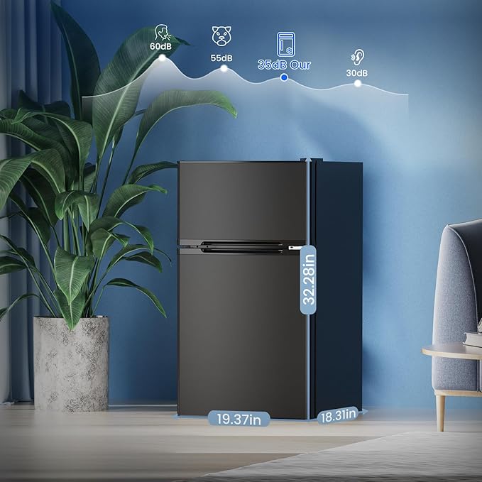 Mini Fridge with Freezer, 3.2 Cu.Ft Compact Refrigerator with 2 Doors, Small Fridge with Adjustable Thermostat & Removable Glass Shelves for Bedroom, Office, Dorm, or Apartment, Black