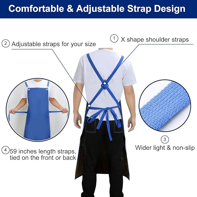 2 Pack Heavy Duty Vinyl Industrial Anti-Tear Apron, 43" x 26" Waterproof, Chemical Resistant, Blue, Unisex-Adults
