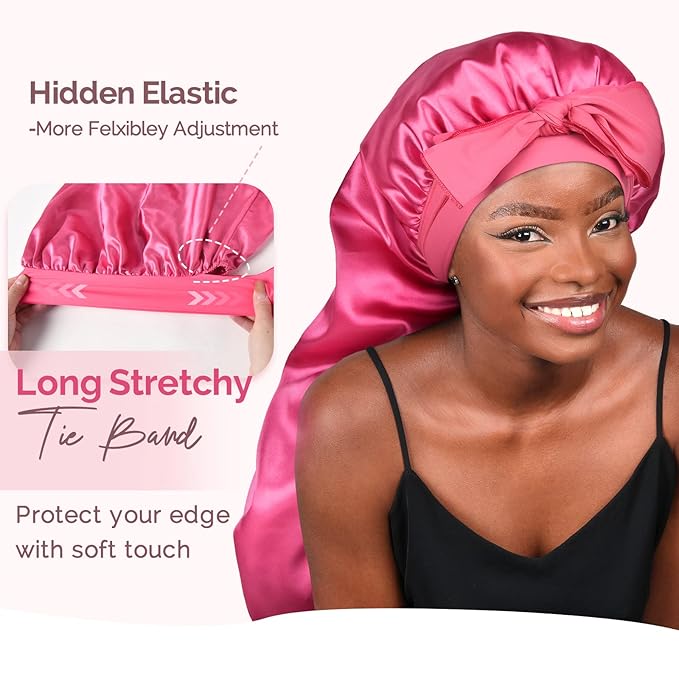YANIBEST 2Pcs Silk Bonnet for Sleeping Braid Bonnet for Long Hair with Tie Band for Black Women Curly Hair Locs,Hot Pink&Pink