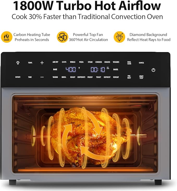 Beelicious 32QT Extra Large Air Fryer, 19-In-1 Air Fryer Toaster Oven Combo with Rotisserie and Dehydrator, Digital Convection Oven Countertop Airfryer Fit 13" Pizza, 6 Accessories, 1800w, Black