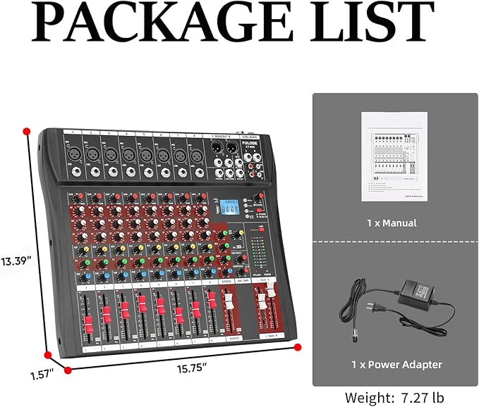 Audio Mixer 8 Channel, CT-80S Professional Sound System Mixer Board DJ Mixing Console with Reverb MP3 Player Bluetooth 48V Phantom Power Supply USB Recording for Studio Karaoke Live Music