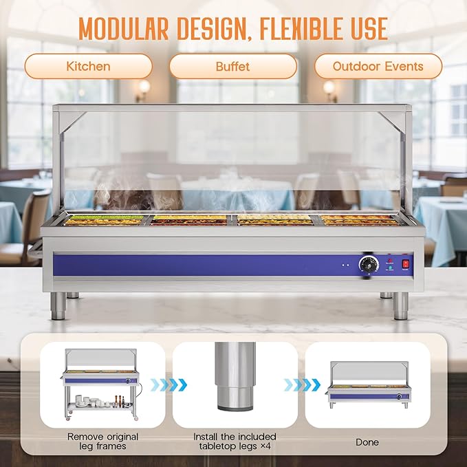 Jocisland 12-Pan 96QT Commercial Food Warmer, 1500W Stainless Steel Steam Table with Top Shelf, Lids, Food Tongs, Undershelf, Wheels, 110V Temp Control for Catering