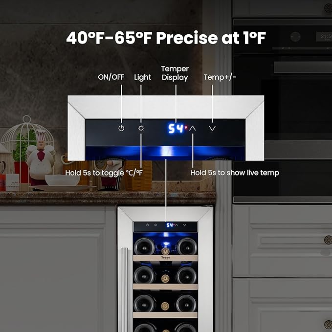Yeego Wine Fridge Cooler - 12 Inch Wine Fridge Hold 23 Bottles, 40-65°F Wine Refrigerator Glass Door, Built in Fridge, Freestanding or Adjustable Shelves Fridge for Home Bar Office