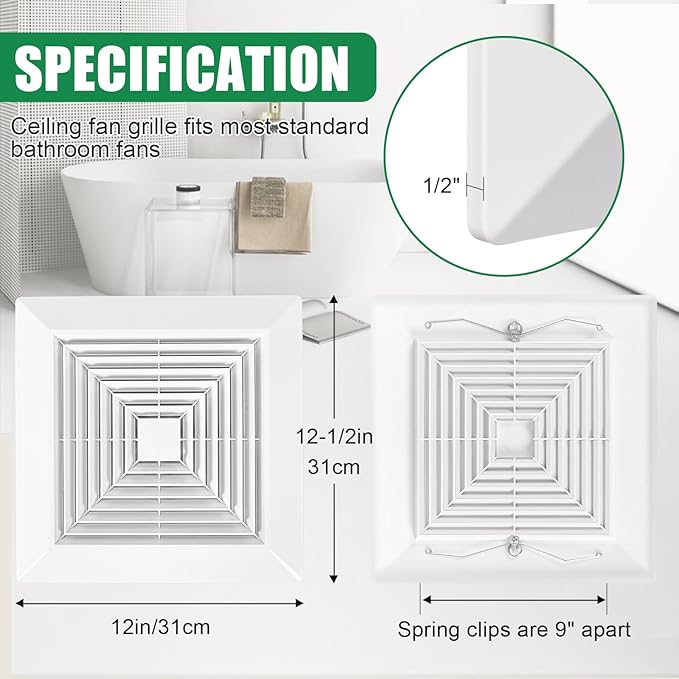 White (1 Piece 12" x12"Inch） Bathroom Exhaust Fan Cover with Spring, Square Ceiling or Wall Mounted Exhaust Fan, Ceiling Fan, Grille, Air Diffuser, Diverter Ventilation Hood, Replacement Accessories