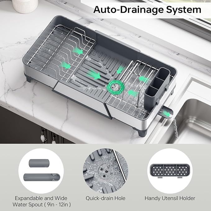 Large Dish Drying Rack - Triple Expandable Dish Rack for Kitchen Counter, Stainless Steel Sink Organization and Storage Essentials with Utensil & Pans Holder for Home and Appartment, Gray