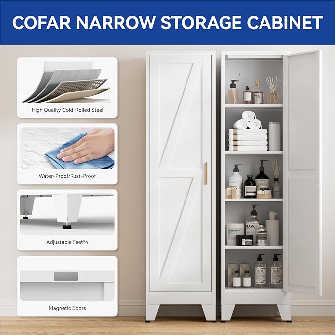 COFaR 67'' Tall Slim Bathroom Storage Cabinet, Metal Narrow Pantry Cabinet with 4 Adjustable Shelves and One Door, Skinny Cabinet Storage for Kitchen Laundry, White Farmhouse 5 Tiers