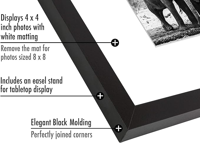 Americanflat 8x8 Picture Frame with Shatter-Resistant Glass - Use as 4x4 Frame with Mat or Display 8x8 Photo Without Mat - Signature Collection - Square Frames for Tabletop and Wall Display - Black