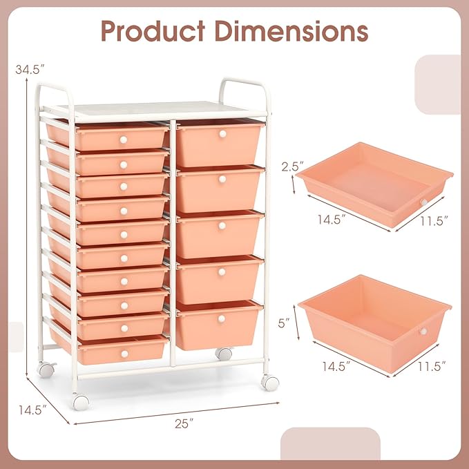 DORTALA 15-Drawer Rolling Storage Cart with Drawers, Rolling Utility Cart w/Removable Drawers & Universal Wheels, Tools Scrapbook Paper Organizer for School, Office, Home, Classroom (Light Pink)