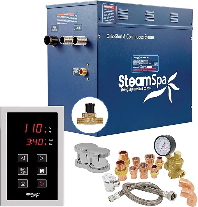 SteamSpa 12kW Steam Sauna Generator Premium Bundle 240V Steam Generator with Touch Pad Control, Steamheads, Pressure Relief Valve, Built-in Auto Drain and Plumber Quick Install Kit SS-PRT1200CH-A