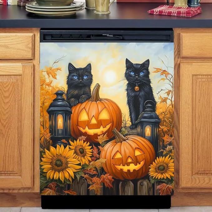 Halloween Black Cat Magnetic Dishwasher Cover Vinyl Sticker,Pumpkin Lantern Dishwasher Magnet Cover,Autumn Fall Sunflower Fridge Door Cover Magnets Art Skin Panel Decal for Home Decor, 23"X26"