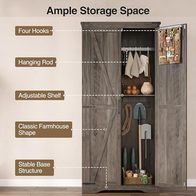 Tall Storage Cabinet with Adjustable Shelves, Farmhouse Pantry Organize with 2 Barn Doors, Large Freestanding Cabinet for Kitchen, Garage, Basement, Living, Utility Room, Grey