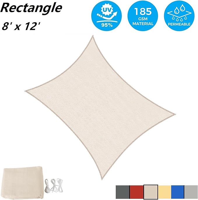 AsterOutdoor Sun Shade Sail Rectangle 8' x 12' UV Block Canopy for Patio Backyard Lawn Garden Outdoor Activities, Cream