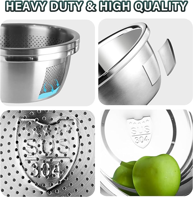 304 Stainless Steel Colander 2QT Microporous Colander & Mixing Bowl for Kitchen Cooking,Rice Strainer with Washing Bowl for Pasta Straining,Fruit Washing,Vegetable Draining(2PCs)