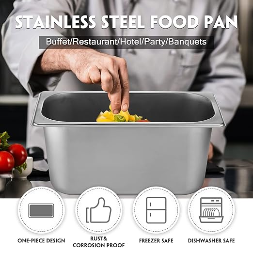 10 Pack Hotel Pans Stainless Steel Steam Table Pan 1/3 Size, 0.8 mm Thick Anti Jam Warming Pans for Food Warmer Restaurant Catering Supplies, 12.8 x 6.9 Inch(6 Inch Deep,Standard)