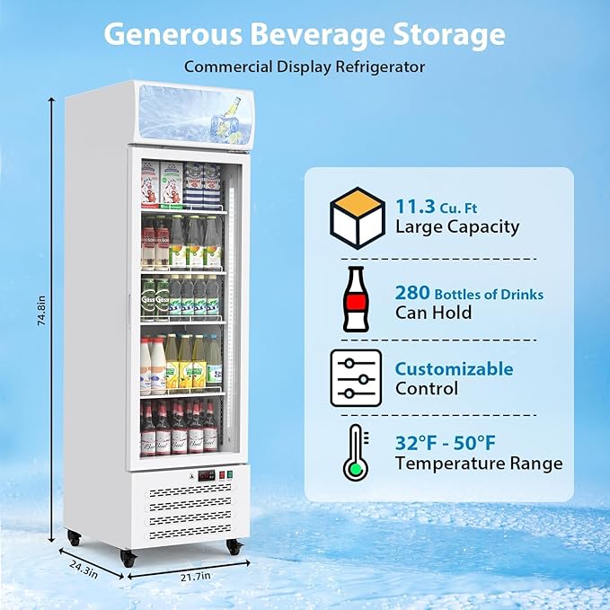 13.4 Cu.Ft Commercial Merchandiser Refrigerator, Commercial Refrigerators With Glass Door and Soft Led Light, Display Refrigerator Upright Fridge With 3 Adjustable Shelves for Shop, Restaurant, White