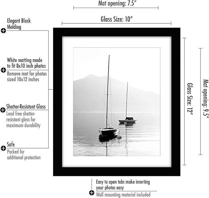 Americanflat 10x12 Picture Frame with Shatter-Resistant Glass - Use as 8x10 Frame with Mat or Display 10x12 Photo Without Mat - Signature Collection - Picture Frames for Wall Display - Black
