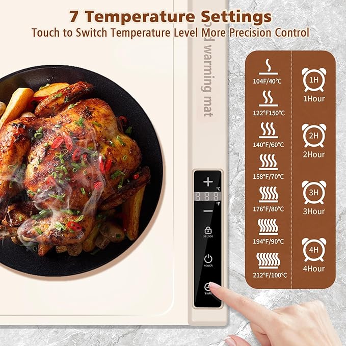 Extra Large Food Warming Mat with Heat - Electric Silicone Food Warming Tray for Buffet, Rollable Food Warmer Mat for Countertop,Heating Mat with Timer and 7 Heat Levels, Rollable Portable Food Warmer