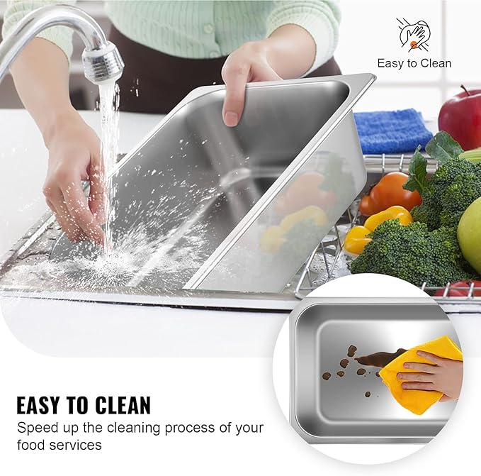 VEVOR 6 Pack Hotel Pans, Full Size 6-Inch, Stainless Steel Steam Table Pans，Anti-Jam Catering Trays for Steam Tables, for Home, Party, Restaurant, Hotel, Buffet
