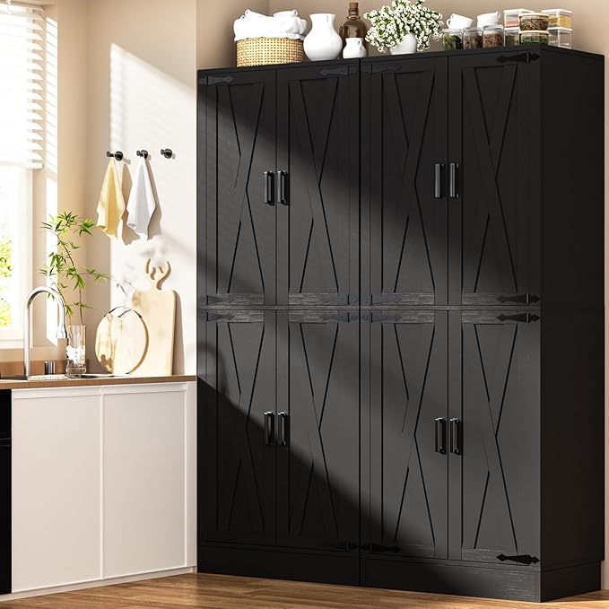 Unikito 71" Tall Kitchen Pantry Cabinet with Farmhouse Barn Doors and Storage Drawer, 4 Adjustable Shelves, Freestanding Cupboard for Kitchen, Dining Room, Living Room, Utility Room, Black