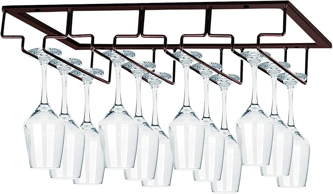 MOCOUM Wine Glasses Rack Under Cabinet Stemware Rack, Wine Glass Hanger Rack Wire Wine Glass Holder Storage Hanger for Cabinet Kitchen Bar (Brown, 4 Rows 2 Pack)