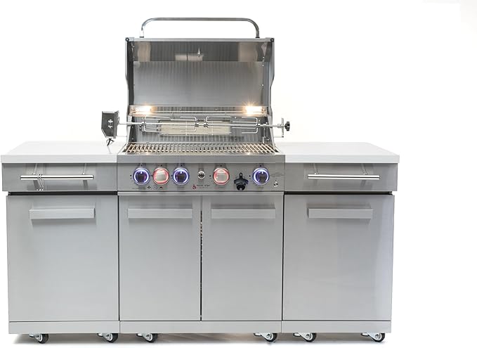 Mont Alpi Premium 70"W x 24"D Stainless Steel Compact Outdoor Kitchen Island with Access Doors + 32"W 4-Burner BBQ Gas Grill with Infrared Rear Burner + Storage Cabinets + White Granite Countertops