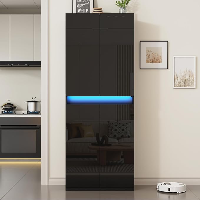 71" Tall Pantry Storage Cabinet, Kitchen Pantry with High Gloss Doors, Modern Buffet Hutch Cabinet with Led Light and Adjustable Shelves for Dining Room, Living Room, Black