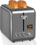 SEEDEEM Toaster 2 Slice, Stainless Steel Bread Toaster LCD Display, 7 Shade Setting, 1.4'' Wide Slots, Bagel/Defrost/Reheat Functions, Removable Crumb Tray, 900W, Dark Metallic