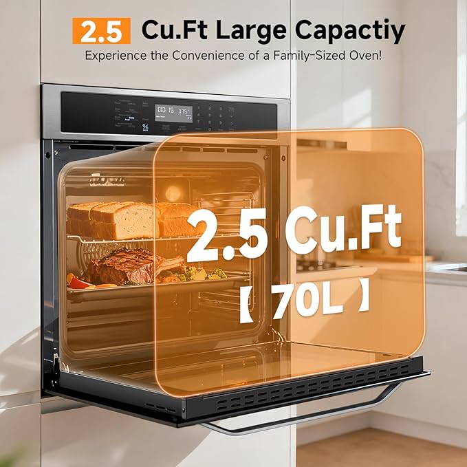 Wall-Oven-Single-Wall-Oven: AMZCHEF 24 inch Electric Wall Oven with 10 Functions, 2.5 Cu.Ft. Convection Wall Oven with Upgraded Control Panel, 2800w, 220V, Touch Control, Timer, Safety Lock